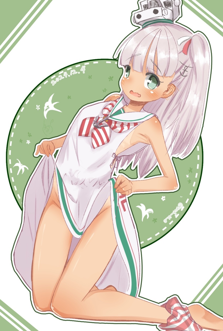 1girl anchor_hair_ornament anchor_necklace clothes_writing dress full_body green_eyes grey_hair hair_ornament hat highres jewelry kantai_collection kneeling long_hair looking_at_viewer low-cut_armhole maestrale_(kancolle) mf_u_c neckerchief necklace one-piece_tan one_side_up open_mouth ribbon sailor_dress side-tie_dress skirt_hold sleeveless sleeveless_dress solo striped_neckerchief tan tanline wavy_hair white_hat white_ribbon