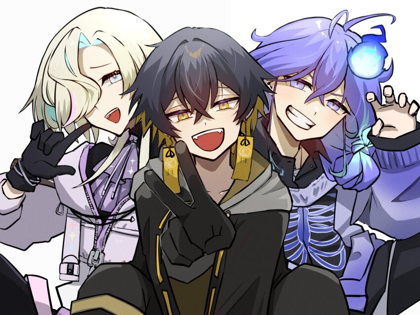 3boys ascot black_gloves black_hair blonde_hair blue_eyes blue_fire blue_hair commentary_request earrings eyelashes fire gloves gradient_clothes gradient_hoodie hair_between_eyes hair_over_one_eye highres hitodama holostars jewelry long_hair long_sleeves looking_at_viewer male_focus minase_rio minase_rio_(1st_costume) multicolored_hair multiple_boys multiple_rings open_mouth pink_hair purple_ascot purple_eyes purple_hair ring shirt shirt_under_shirt short_hair skeleton_print smile streaked_hair two-tone_hair uproar_(holostars) utsugi_uyu v virtual_youtuber white_background yatogami_fuma yatogami_fuma_(1st_costume) yellow_eyes yugeeyugee