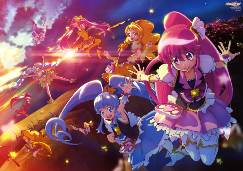 10s 3d 6+girls absurdres aino_megumi alternate_form animage blonde_hair blue_eyes blue_hair blue_skirt boots bow brooch cel_rendering crown cure_honey cure_honey_(coconut_samba) cure_honey_(popcorn_cheer) cure_lovely cure_lovely_(cherry_flamenco) cure_lovely_(lollipop_hip_hop) cure_princess cure_princess_(macadamia_hula_dance) cure_princess_(sherbet_ballet) earrings flying hair_ornament happinesscharge_precure! heart heart_brooch heart_hair_ornament highres jewelry long_hair magical_girl mini_crown miyamoto_hiroshi multiple_girls official_art oomori_yuuko open_mouth pink_bow pink_eyes pink_hair ponytail precure scan shirayuki_hime skirt smile thigh_boots thighhighs twintails waving wide_ponytail wrist_cuffs yellow_eyes