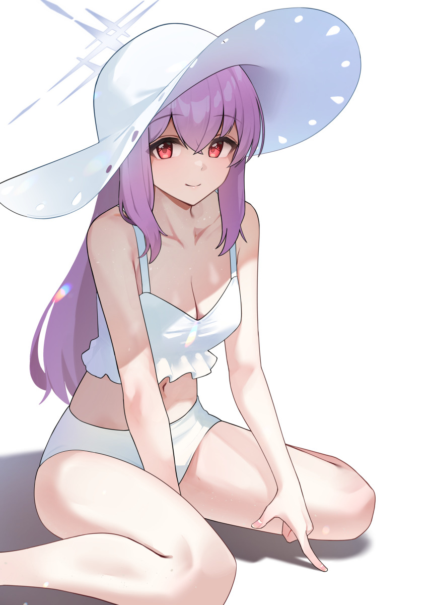 1girl absurdres atsuko_(blue_archive) atsuko_(swimsuit)_(blue_archive) bare_shoulders bikini blue_archive blush breasts cleavage closed_mouth coke0502 collarbone commentary fingernails halo hat highres long_hair looking_at_viewer navel pink_hair red_eyes simple_background smile solo stomach sun_hat swimsuit thighs white_background white_bikini white_halo white_hat