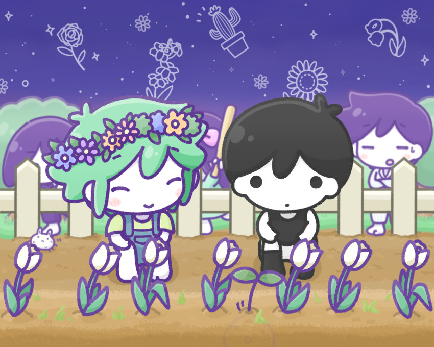 1girl 4boys absurdres aubrey_(headspace)_(omori) aubrey_(omori) barefoot basil_(headspace)_(omori) basil_(omori) black_eyes black_hair blush bug_bunny_(omori) closed_eyes closed_mouth colored_skin facing_another fence flower green_hair head_wreath hero_(headspace)_(omori) hero_(omori) highres kel_(headspace)_(omori) kel_(omori) long_hair looking_away multiple_boys omori omori_(omori) overall_shorts overalls purple_hair scene_reference shirt short_hair short_sleeves smile tulip wafu_(wafu39080) white_skin yellow_shirt