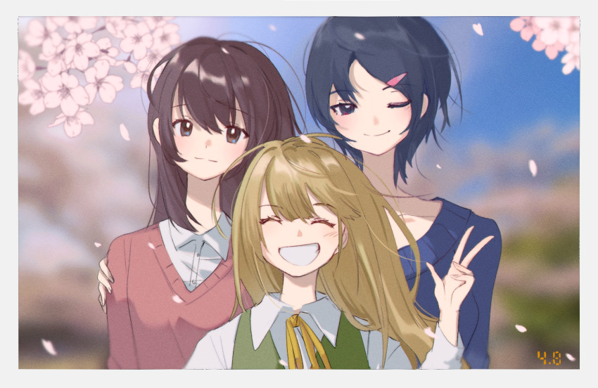 3girls arm_around_shoulder black_hair blonde_hair blue_eyes blue_sky blue_sweater blurry blurry_background border brown_eyes brown_hair cherry_blossoms closed_eyes closed_mouth day facing_viewer falling_petals floating_hair gotou_erina grin hair_ornament hairclip hand_up hrdrifter kogoori_natsumi long_hair long_sleeves looking_at_viewer multiple_girls neck_ribbon niimura_haruka one_eye_closed outdoors petals photo_(object) pink_sweater ribbon shigatsu_youka shirt sky smile sweater swept_bangs timestamp upper_body w white_border white_shirt yellow_ribbon