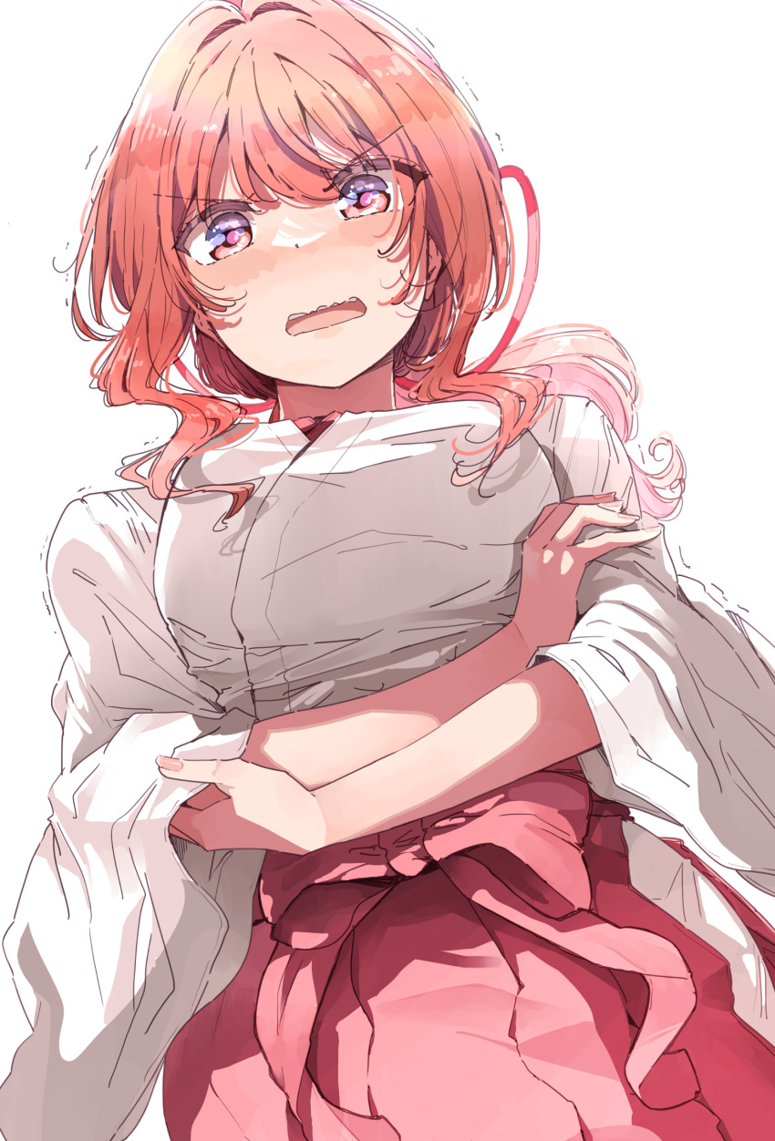 1girl amagami-san_chi_no_enmusubi amagami_yuna angry breasts commentary_request crossed_arms from_below hakama highres japanese_clothes kimono large_breasts looking_at_viewer nyoijizai red_eyes red_hair red_hakama simple_background solo trembling v-shaped_eyebrows wavy_mouth white_background white_kimono wide_sleeves