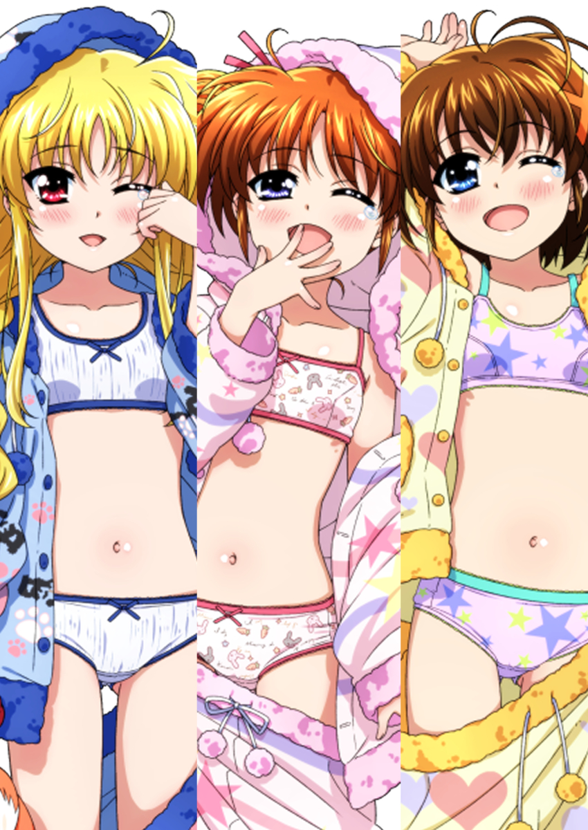 3girls absurdres ahoge blonde_hair blue_eyes blush bra brown_hair highres lyrical_nanoha mahou_shoujo_lyrical_nanoha miyajima_hitoshi multiple_girls navel one_eye_closed open_mouth panties red_eyes star_(symbol) underwear