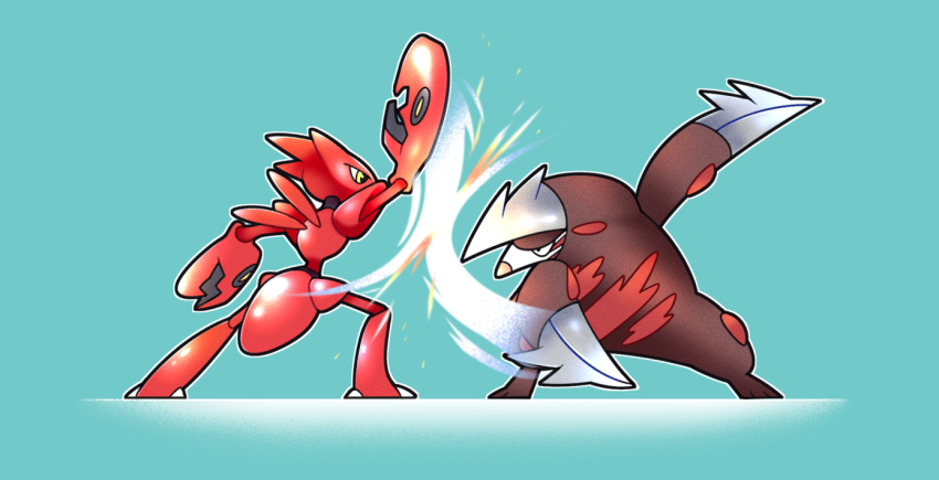 battle blue_background brown_fur claws commission excadrill full_body gen_2_pokemon gen_5_pokemon looking_at_another nintendo no_humans pokemon pokemon_(creature) scizor simple_background vergolophus wings yellow_eyes