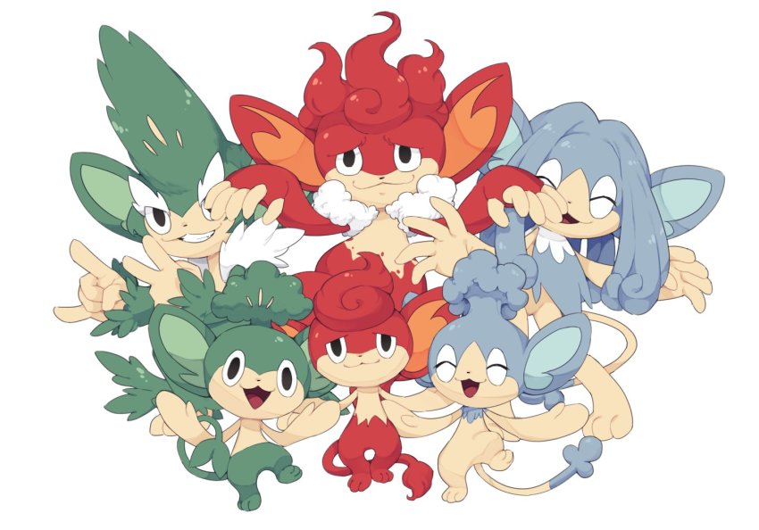 :3 angel_(sunnyknights) black_eyes clenched_teeth closed_eyes closed_mouth commentary evolutionary_line gen_5_pokemon nintendo open_mouth panpour pansage pansear pokemon pokemon_(creature) simipour simisage simisear simple_background smile symbol-only_commentary teeth tongue white_background