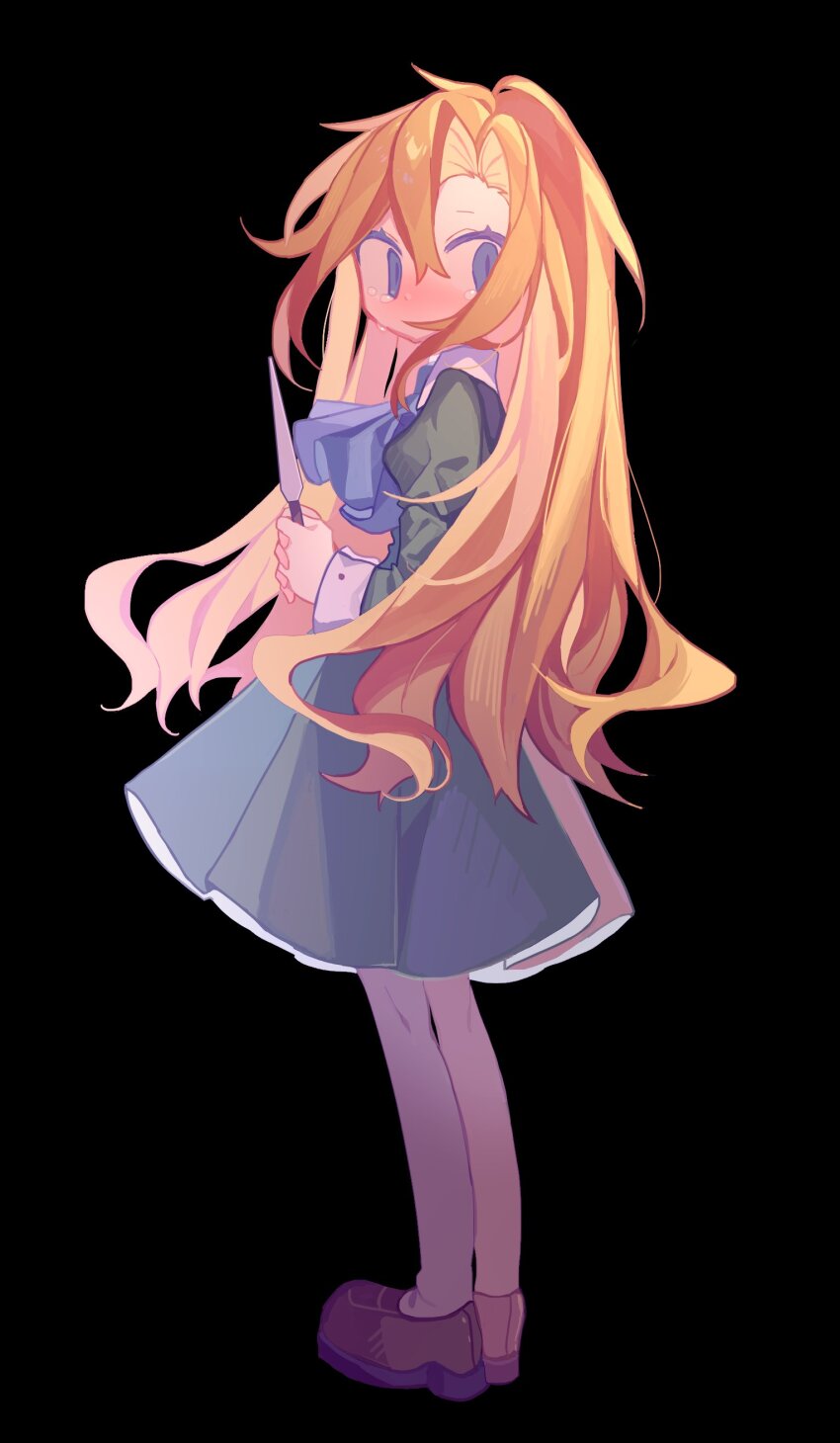 1girl absurdres ascot black_ascot black_background blonde_hair blue_eyes blush crying crying_with_eyes_open dress full_body green_jacket highres holding holding_knife ib_(kouri) jacket knife long_hair long_sleeves looking_at_viewer mary_(ib) open_mouth pantyhose puffy_sleeves shoes simple_background solo standing stylishtrash tears very_long_hair white_pantyhose