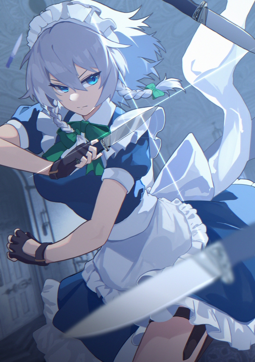 1girl absurdres apron back_bow blue_dress blue_eyes bow bowtie braid breasts closed_mouth commentary_request dress fingerless_gloves frills glint gloves green_bow green_bowtie grey_hair hair_bow hands_up highres holding holding_knife holster indoors izayoi_sakuya jager knife long_hair maid maid_apron maid_headdress medium_breasts medium_hair pinafore_dress puffy_short_sleeves puffy_sleeves serious shirt short_sleeves sleeveless sleeveless_dress solo thigh_holster thigh_strap touhou twin_braids waist_apron white_bow white_shirt