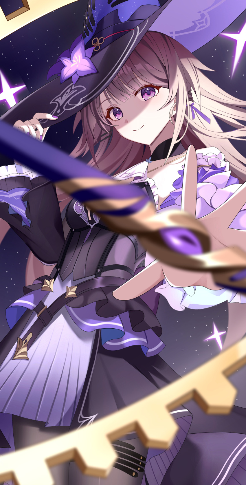 1girl absurdres ascot black_dress breasts brown_hair closed_mouth commentary cowboy_shot dress flower grey_pantyhose hair_ribbon hat hat_flower herta_(honkai:_star_rail) highres honkai:_star_rail honkai_(series) kenomotsu_yukuwa long_hair looking_at_viewer medium_breasts nail_polish pantyhose purple_eyes purple_flower purple_nails purple_ribbon ribbon smile solo the_herta_(honkai:_star_rail) very_long_hair white_ascot witch_hat