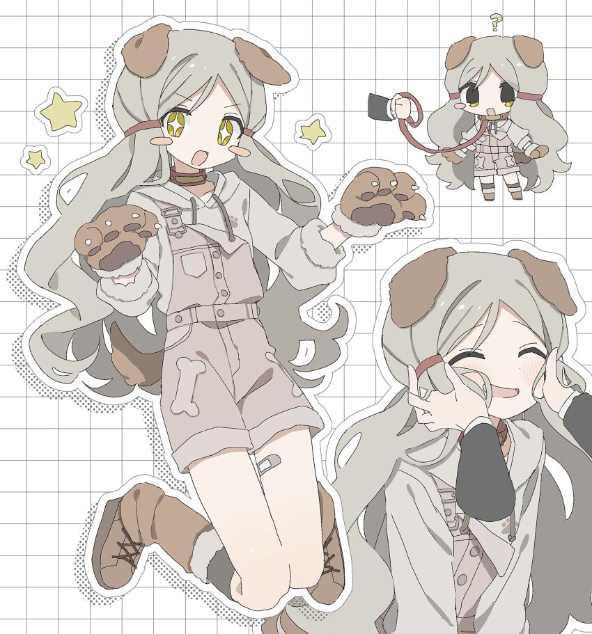 +_+ 01sh110sush1 1girl ? animal_collar animal_hands bandaid_on_thigh blush blush_stickers breasts brown_footwear brown_overalls collar dog_paws dot_nose fluffy_hair full_body fur-trimmed_hoodie fur_trim gloves grabbing_another&#039;s_face grabbing_another&#039;s_hair grey_hair grey_hood grey_hoodie grid_background head_grab highres holding holding_leash hood hoodie idolmaster idolmaster_million_live! idolmaster_million_live!_theater_days leash long_hair long_sleeves looking_at_viewer loose_socks multiple_views official_alternate_costume open_mouth outline overalls parted_bangs paw_gloves paw_pose producer_(idolmaster) small_breasts smile socks star_(symbol) suspenders twintails upper_body v-shaped_eyebrows very_long_hair wanwan_wonderful_(idolmaster) wavy_hair white_outline