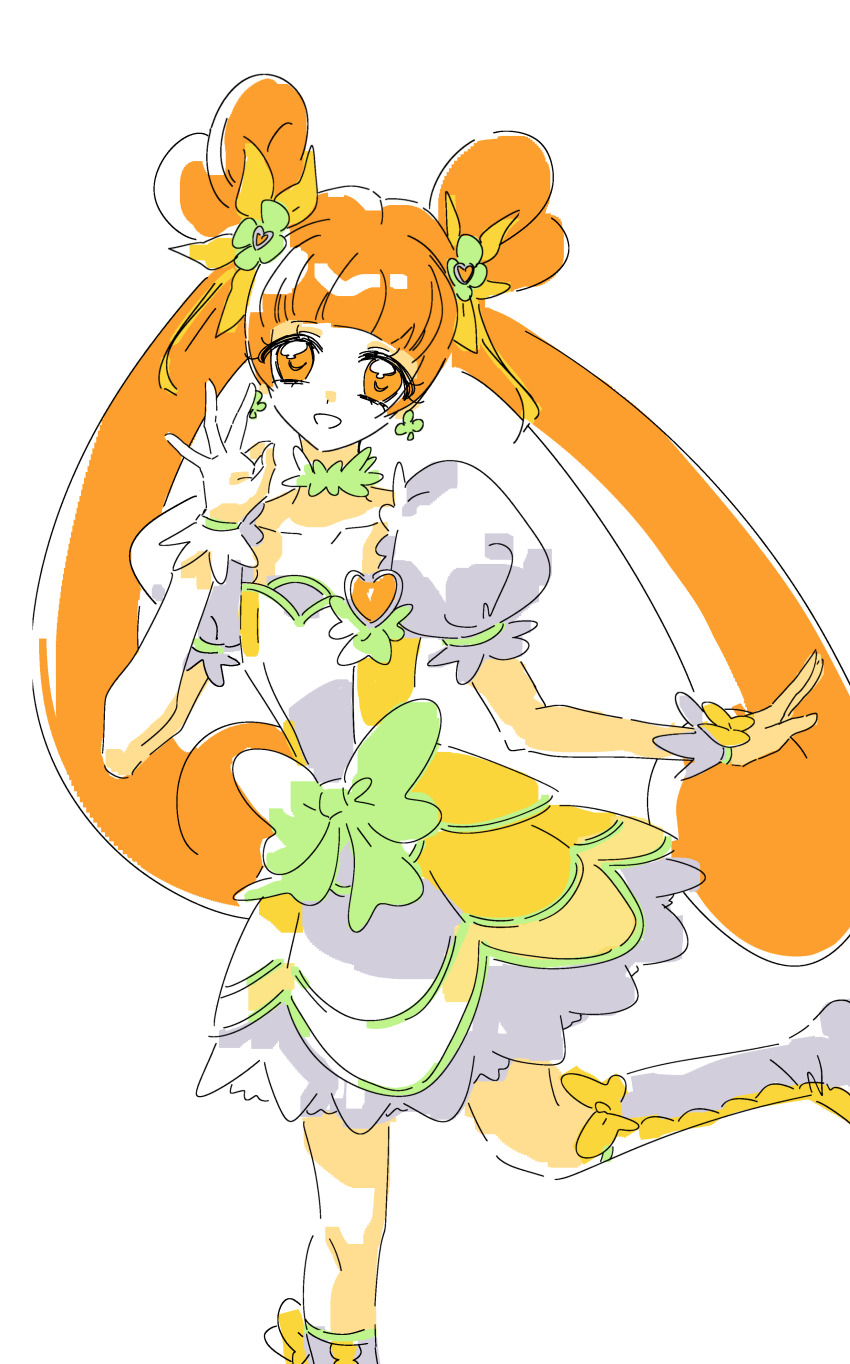 1girl absurdres boots bow brooch chinese_commentary club_(shape) club_earrings collarbone commentary_request cure_rosetta curly_hair dokidoki!_precure dot_nose double_bun dress earrings eyelashes feiyuqiqizhi flower foot_out_of_frame footwear_bow frilled_dress frilled_sleeves frills green_bow green_flower hair_bow hair_bun hair_flower hair_ornament happy heart heart_brooch heart_hair_ornament highres jewelry knee_boots leg_up long_hair looking_at_viewer magical_girl ok_sign open_mouth orange_eyes orange_hair precure puffy_short_sleeves puffy_sleeves short_dress short_sleeves simple_background smile solo square_neckline twintails two-tone_dress very_long_hair waist_bow white_background white_boots white_dress white_wrist_cuffs wrist_bow wrist_cuffs yellow_bow yellow_dress yotsuba_alice