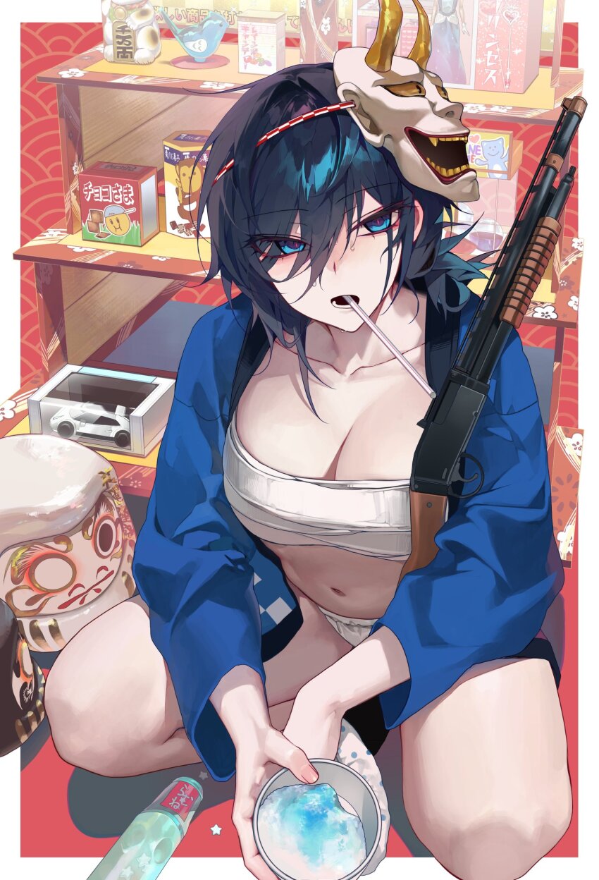 1girl absurdres bara_(03_bara_) blue_eyes blue_hair blue_happi blush breasts chest_sarashi cleavage collarbone commentary_request fundoshi gun highres holding japanese_clothes large_breasts long_sleeves mask mask_on_head medium_hair mizu_happi navel open_mouth original sarashi shotgun solo squatting thighs toy toy_car weapon yokoyama_ishimi