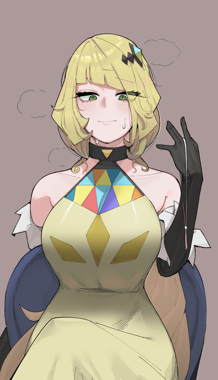 1girl absurdres arm_behind_back aroused azz0422 bare_shoulders black_choker black_gloves blonde_hair choker creatures_(company) crossed_legs dress elbow_gloves game_freak gloves green_eyes grey_background hair_ornament highres light_blush long_hair lusamine_(pokemon) lusamine_(sygna_suit)_(pokemon) nintendo official_alternate_costume official_alternate_hairstyle on_chair pokemon pokemon_masters_ex shy sitting solo sweat sweatdrop yellow_dress