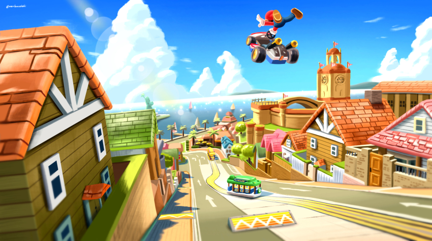 1boy analog_clock bell_tower blue_overalls blue_sky boat brown_shoes building clock clock_tower cloud day dock door flag from_behind gloves go-kart harbor hat house in-universe_location lens_flare long_sleeves maribou_(supermaribou) mario mario_(series) mario_kart mario_kart_8 midair nintendo overalls red_hat road scenery shoes sky solo street streetcar toad_harbor tower tree water watercraft white_gloves window