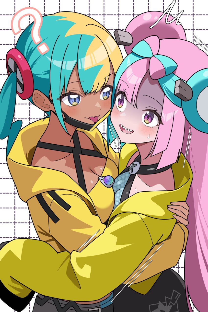 2girls ? ^^^ aqua_hair bandeau black_mask blonde_hair blue_eyes blue_hair blush bow-shaped_hair breast_press breasts canari_(pokemon) character_hair_ornament cleavage closed_mouth collarbone commentary criss-cross_halter criss-cross_straps dark-skinned_female dark_skin fake_hair_bun hair_ornament halter_shirt halterneck heart hexagon_print highres hug iono_(pokemon) jacket lightning_bolt_symbol long_hair long_sleeves looking_at_another mask mask_pull medium_breasts mega_stone mouth_mask multicolored_hair multiple_girls nintendo odorukaminoke open_mouth oversized_clothes pants pink_hair pokemon pokemon_legends:_z-a pokemon_sv purple_eyes sharp_teeth shirt short_twintails sleeves_past_fingers sleeves_past_wrists smile speech_bubble split-color_hair sports_bra symmetrical_docking teeth thumbs_up tongue tongue_out twintails two-tone_hair two-tone_mask two-tone_pants yellow_bandeau yellow_jacket yellow_mask yellow_sports_bra yuri