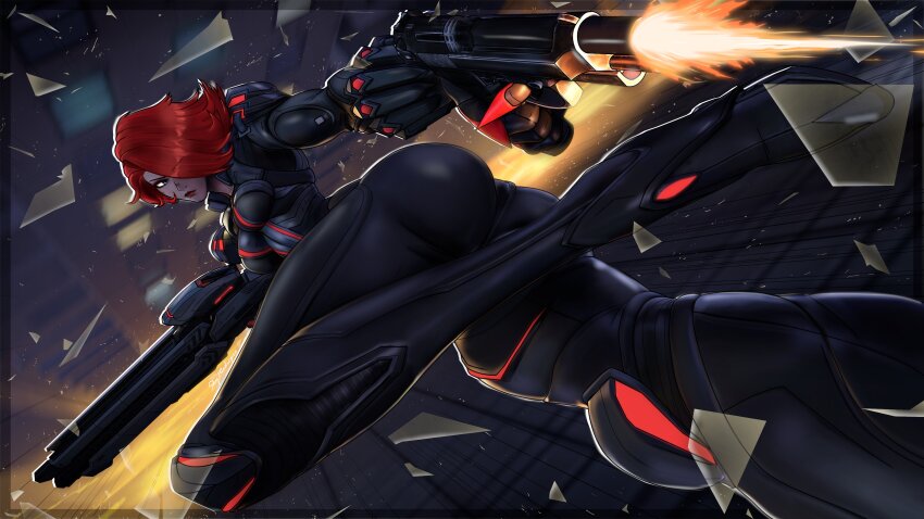 1girl absurdres black_widow building city dynamic_pose falling gun highres holding holding_weapon marvel marvel_rivals natasha_romanoff night red_hair red_lips short_hair skymedicpro skyscraper solo weapon