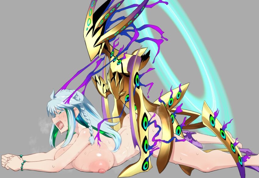 1girl 1other alien bead_bracelet beads blush bracelet braid breasts colored_inner_hair crystal_hair fate/grand_order fate_(series) gold_skin green_eyes green_hair jewelry kukulkan_(fate) kunabishi large_breasts long_hair lying multicolored_hair nipples nude on_stomach open_mouth ort_(type-moon) ort_xibalba_(fate) prone_bone rape sex sex_from_behind sidelocks thighs white_hair