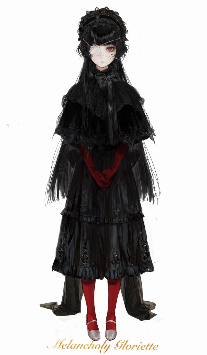 1girl black_bow black_hair blunt_bangs bow character_name collar dress eyepatch gloves highres long_dress long_hair original red_eyes red_gloves red_socks seapall shoes silver_shoes simple_background socks