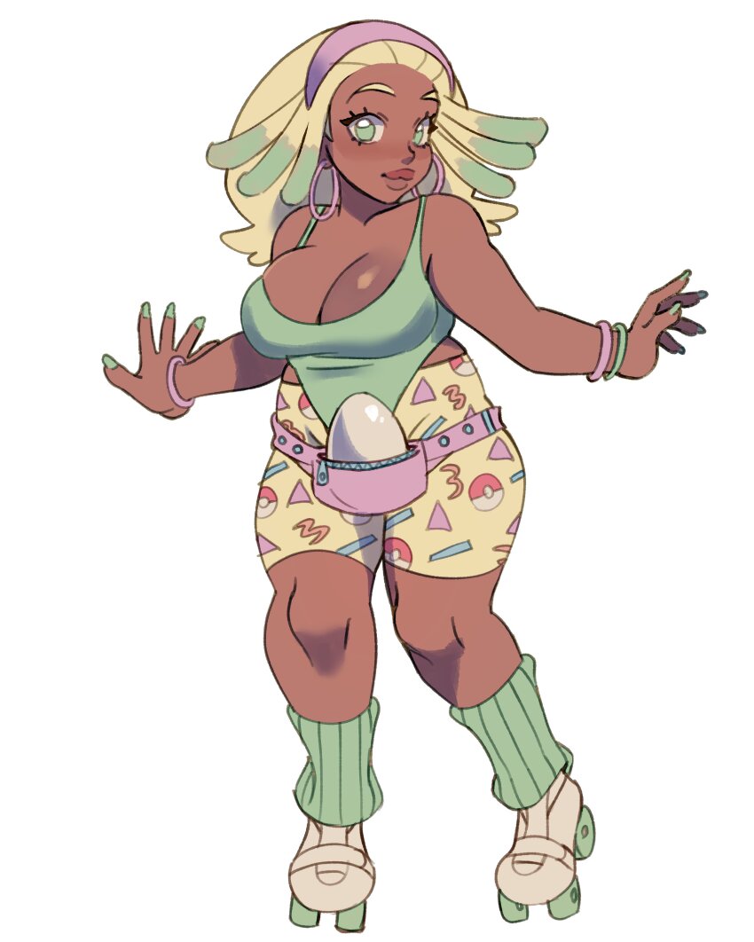 1girl absurdres alternate_color bike_shorts bike_shorts_under_leotard blonde_hair bracelet breasts chansey cleavage colored_tips creatures_(company) dark-skinned_female dark_skin earrings egg fanny_pack fingernails full_body game_freak gen_1_pokemon green_eyes green_hair green_leg_warmers green_leotard green_nails hands_up highres hoop_earrings itslyssalala jewelry large_breasts leg_warmers leotard light_smile long_hair looking_at_viewer multicolored_hair multiple_bracelets nail_polish nintendo personification pokemon print_shorts roller_skates shiny_pokemon shorts skates solo standing two-tone_hair yellow_shorts