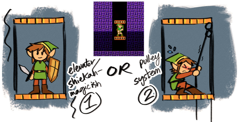 1boy brown_hair elevator elf full_body hat highres link nintendo palace pointy_ears pulling shield sword the_legend_of_zelda tunic weapon zelda_ii:_the_adventure_of_link