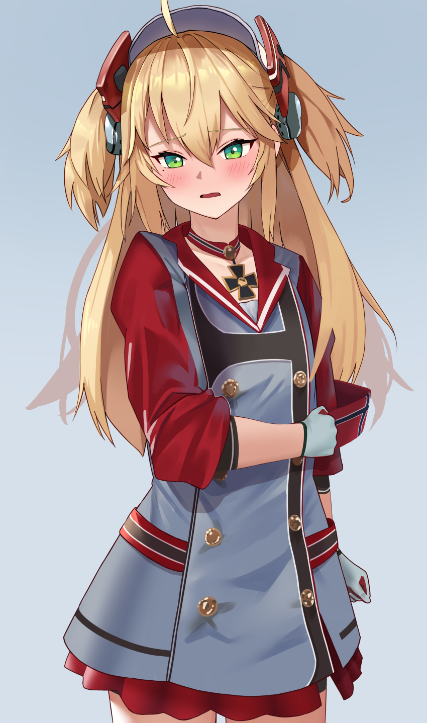 1girl absurdres admiral_hipper_(azur_lane) azur_lane blonde_hair blush buttons cross double-breasted dress gloves green_eyes hair_between_eyes headgear highres holding_own_arm iron_cross long_hair looking_at_viewer nanado27_7 nervous solo wavy_mouth