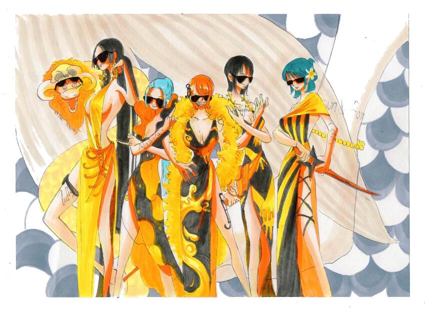 4girls aqua_hair black_hair blue_hair blunt_bangs boa_hancock bracelet breasts commentary_request crossed_arms dress feather_boa feet_out_of_frame fengcheche green_hair hair_bun hand_on_own_hip jewelry leg_tattoo medium_hair multiple_girls nami_(one_piece) nefertari_vivi nico_robin one_piece orange_hair ponytail salome_(one_piece) side_slit sideboob skull smile snake sword tashigi tattoo weapon