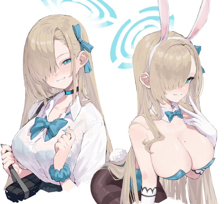 1girl absurdres animal_ears asuna_(blue_archive) asuna_(bunny)_(blue_archive) bag bare_shoulders black_choker black_pantyhose blue_archive blue_bow blue_bowtie blue_eyes blue_leotard blue_ribbon bow bowtie breasts choker cleavage cropped_legs detached_collar fake_animal_ears fake_tail gloves hair_over_one_eye hair_ribbon halo highres large_breasts leotard light_brown_hair long_hair looking_at_viewer mole mole_on_breast multiple_views pantyhose playboy_bunny rabbit_ears rabbit_tail ribbon scarlet23i0 scrunchie see-through_clothes shirt skirt smile strapless strapless_leotard tail traditional_bowtie v very_long_hair white_gloves white_shirt wrist_scrunchie