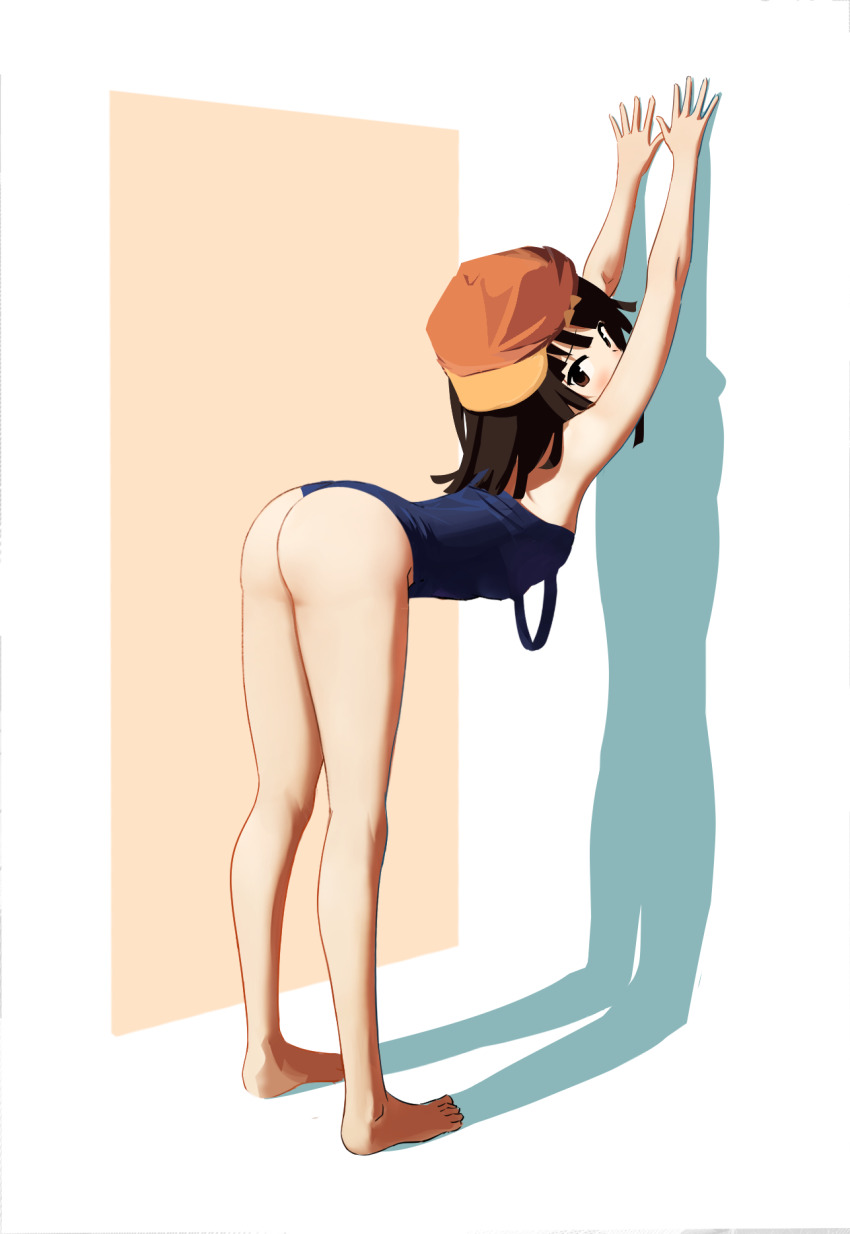 1girl against_wall ass barefoot bent_over blush brown_eyes brown_hair come_hither from_behind hat highres legs looking_at_viewer looking_back monogatari_(series) off_shoulder open_clothes raie_l school_swimsuit sengoku_nadeko short_hair simple_background solo standing swimsuit toes wedgie