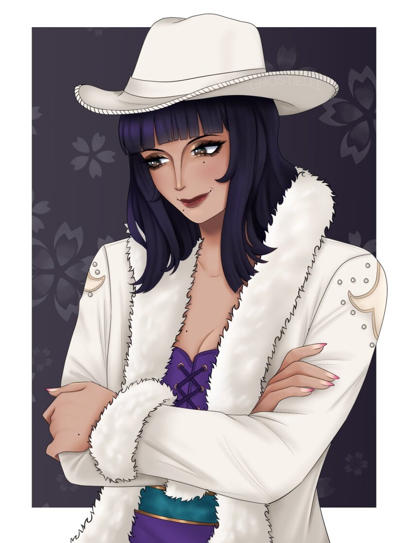 1girl 2025 black_eyeshadow black_hair blunt_bangs border brown_eyes closed_mouth coat commentary cowboy_hat crossed_arms english_commentary eyeshadow flower fur-trimmed_coat fur_trim ghostieleeghost hat highres long_hair makeup mascara mole mole_under_eye mole_under_mouth nico_robin nico_robin_(alabasta) one_piece one_piece_(live_action) outside_border purple_shirt red_lips shirt smile solo upper_body white_border white_coat white_hat