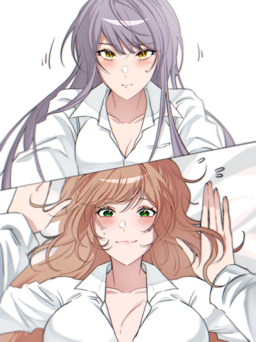 2girls absurdres artist_request bang_dream! blush breasts brown_hair cleavage closed_mouth collared_shirt commentary_request commission flying_sweatdrops green_eyes grey_hair highres imai_lisa korean_commentary long_hair minato_yukina multiple_girls second-party_source shirt sweatdrop white_background white_shirt yellow_eyes yukadon yuri