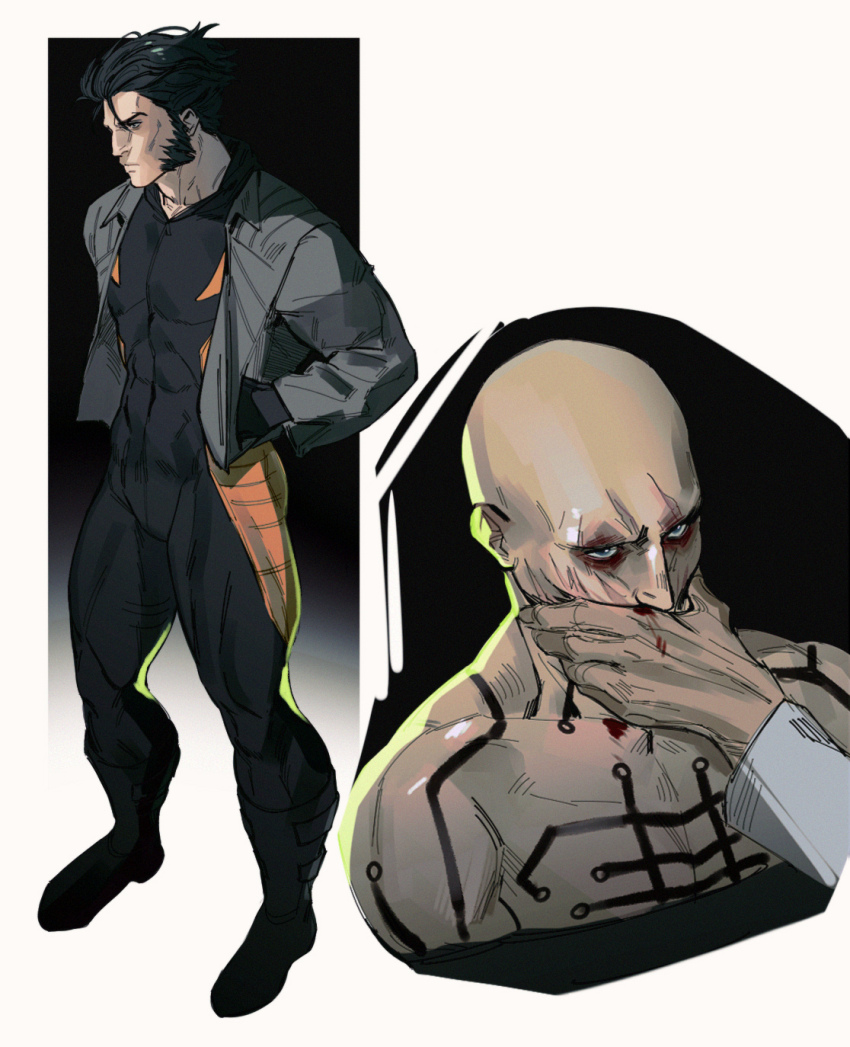 alternate_costume bald black_hair bodysuit closed_mouth covering_another&#039;s_mouth deadpool facial_hair full_body gloves hand_in_pocket hand_over_another&#039;s_mouth hashtag-only_commentary highres jacket limach-an male_focus marvel muscular muscular_male pectorals short_hair topless_male weapon_xi wolverine_(x-men) x-men x-men_film_series x-men_origins:_wolverine