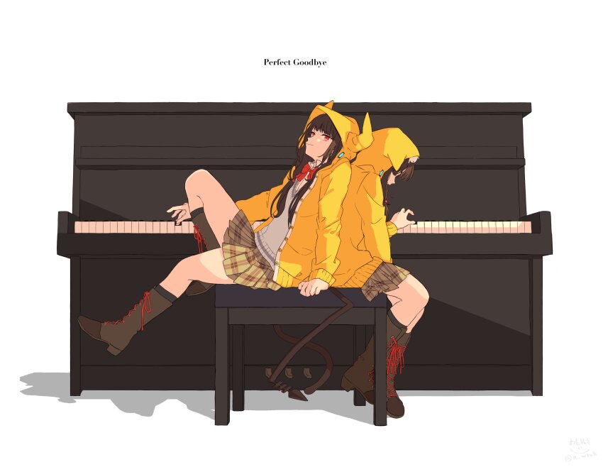 2girls absurdres asakura_karen_(heaven_burns_red) boots bow bowtie brown_boots brown_hair brown_skirt clone closed_mouth collared_shirt commentary_request dual_persona grey_sweater_vest heaven_burns_red highres hood hood_up hooded_jacket instrument jacket laces multiple_girls piano plaid_clothes plaid_skirt pleated_skirt red_bow red_bowtie red_eyes school_uniform shirt simple_background sitting skirt sweater_vest tail watanuki_(enu) white_background white_shirt yellow_jacket