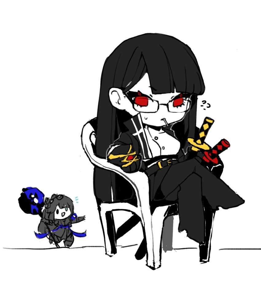 1boy 1girl absurdres black_coat black_gloves black_hair black_pants black_skirt breasts buttons cavernous_wailing_(e.g.o) coat contempt_awe_(e.g.o) e.g.o_(project_moon) full_body gloves highres hong_lu_(project_moon) inoka_nana limbus_company long_hair long_sleeves looking_to_the_side medium_breasts meme monobloc_(chair) ootachi pants parted_lips project_moon red_eyes ryoshu_(project_moon) shirt sitting skirt smile sunglasses vergil&#039;s_chair_(meme) very_long_hair white_shirt
