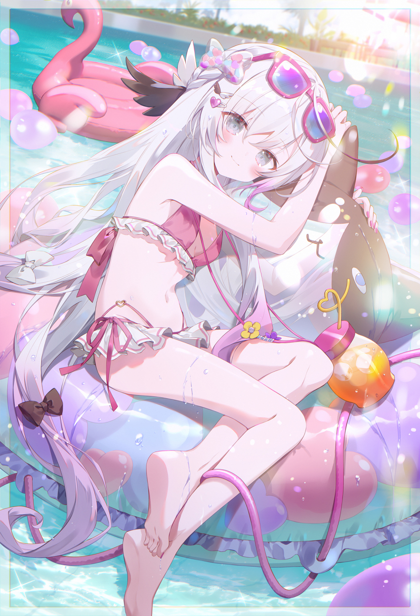 1girl ahoge antenna_hair balloon bikini blush border bow braid drink drinking_straw eyewear_on_head feet flower frilled_bikini frills grey_eyes hair_bow head_wings highres ibara_riato inflatable_toy long_hair looking_at_viewer lying on_side original pink_bikini pink_ribbon pool ribbon smile solo sunglasses swim_ring swimsuit transparent_bow very_long_hair water white_border white_bow wings yellow_flower