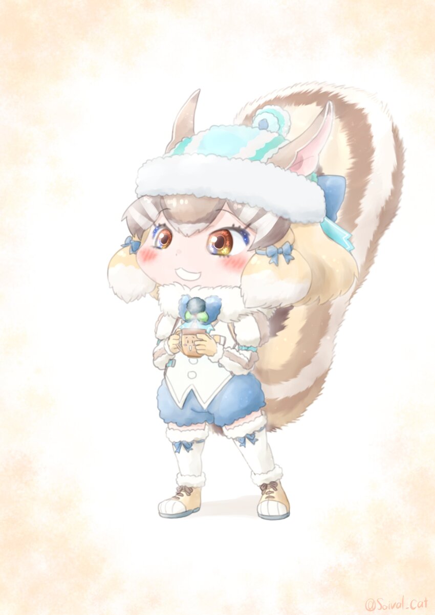 1girl absurdres animal_ears boots brown_eyes brown_hair chipmunk_ears chipmunk_girl chipmunk_tail cup extra_ears full_body gloves hat highres holding holding_cup kemono_friends kemono_friends_v_project microphone ribbon saival_cat shirt short_hair shorts siberian_chipmunk_(kemono_friends) simple_background solo tail thighhighs vest virtual_youtuber