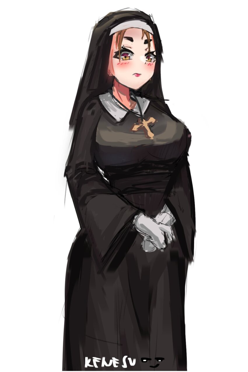 1girl 2022 artist_name black_dress breasts brown_eyes brown_hair collarbone corset cowboy_shot cross cross_necklace curvy detached_collar dress female_focus flustered headscarf highres jewelry kenesu_ki large_breasts long_sleeves necklace nun original own_hands_together parted_bangs purple_lips reference_work signature simple_background solo standing tareme white_background wide_sleeves