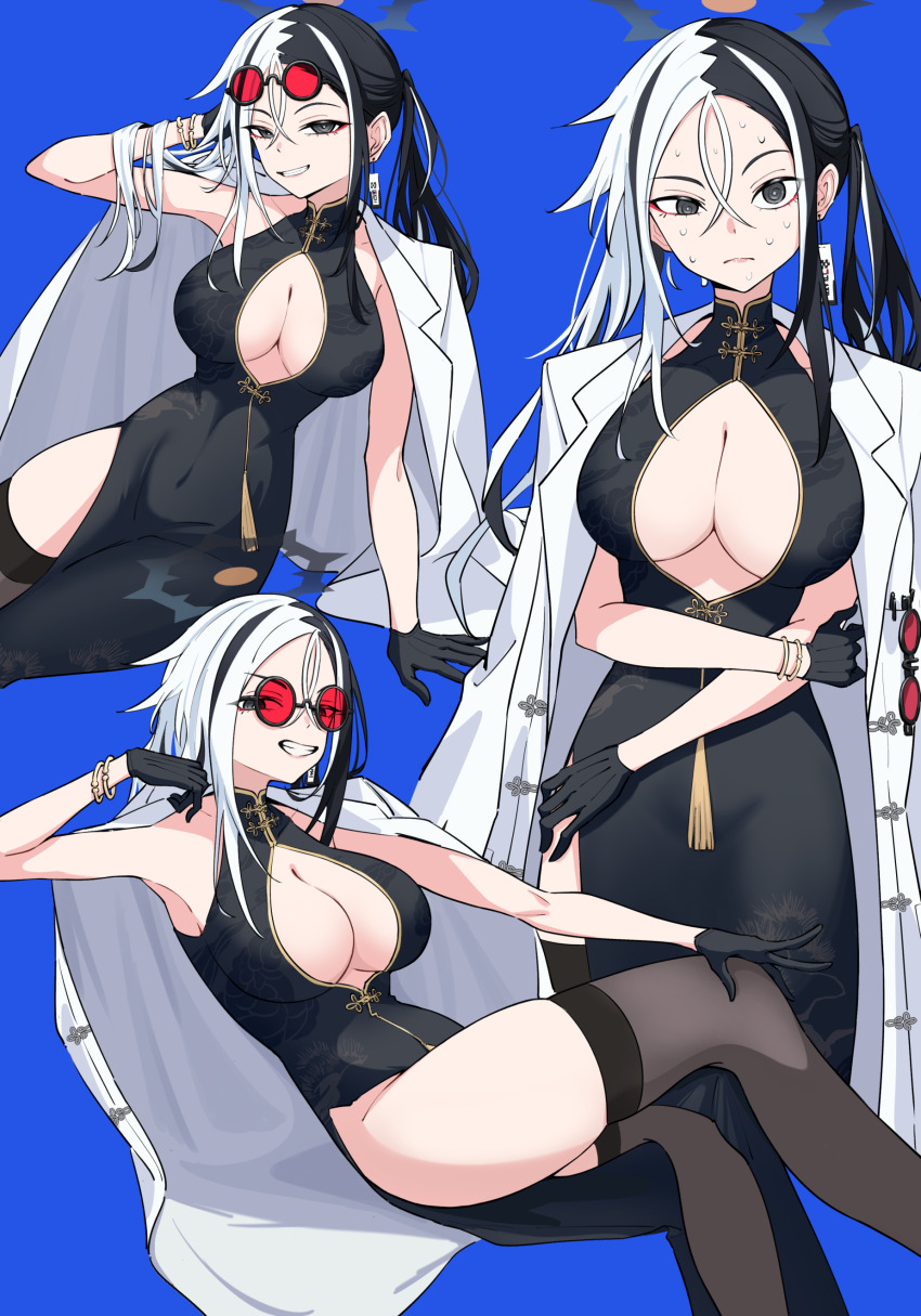 1girl absurdres black_dress black_halo blue_archive blue_background china_dress chinese_clothes cleavage_cutout clothing_cutout coat coat_on_shoulders dress formal_clothes halo highres kai_(blue_archive) multicolored_hair side_slit simple_background solo split-color_hair spread_cleavage suit tinkie tree_print two-tone_hair white_coat white_suit
