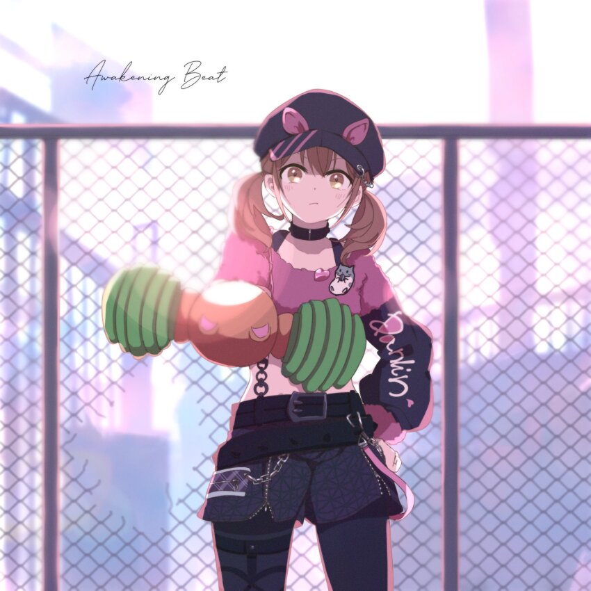 1girl awakening_beat_(project_sekai) azusawa_kohane belt black_belt black_choker black_hat black_pantyhose black_shorts blush brown_eyes brown_hair cabbie_hat chain-link_fence choker closed_mouth collarbone cowboy_shot crop_top dot_nose fence frown golf_club hair_between_eyes hand_on_own_hip hat head_tilt highres holding holding_golf_club legs_apart long_hair low_twintails outstretched_arm pantyhose pink_shirt project_sekai shirt short_twintails shorts solo twintails watanuki_(enu)