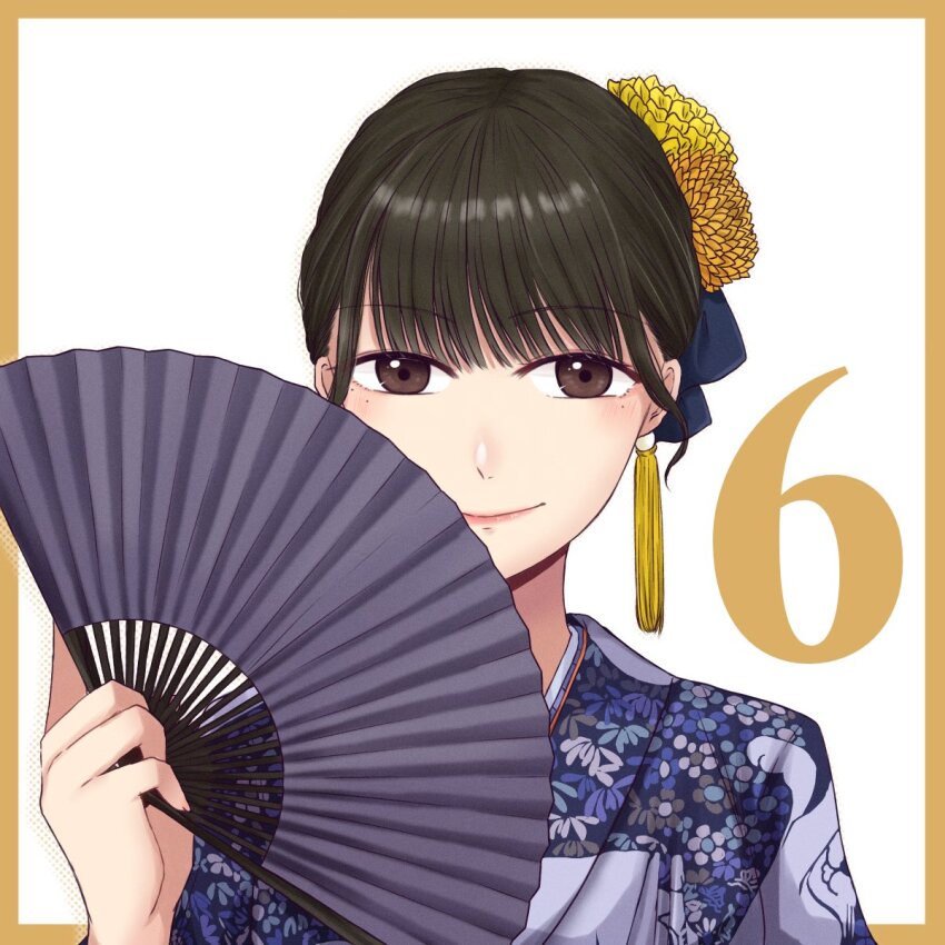 1girl actor arm_at_side black_hair black_kimono blue_bow border bow brown_border brown_eyes closed_mouth commentary countdown floral_print flower folding_fan hair_bow hair_flower hair_ornament hand_fan hand_up highres holding holding_fan ishii_haruna japanese_clothes kimono light_blush looking_at_viewer mole mole_under_eye nigari_(ngari_0115) outside_border portrait print_kimono real_life short_hair simple_background smile solo tassel tassel_hair_ornament white_background yellow_flower