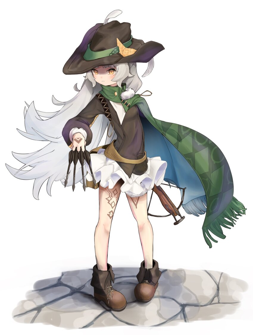 1girl arrow_(projectile) azur_lane bow_(weapon) brown_footwear brown_headwear crossbow full_body green_poncho grey_hair hand_tattoo highres holding holding_arrow holding_crossbow holding_weapon leg_tattoo long_hair long_sleeves looking_at_viewer mole mole_under_eye official_alternate_costume parted_lips poncho roli7946 simple_background solo standing tattoo weapon white_background yellow_eyes z46_(azur_lane) z46_(the_bard_of_hamelin)_(azur_lane)