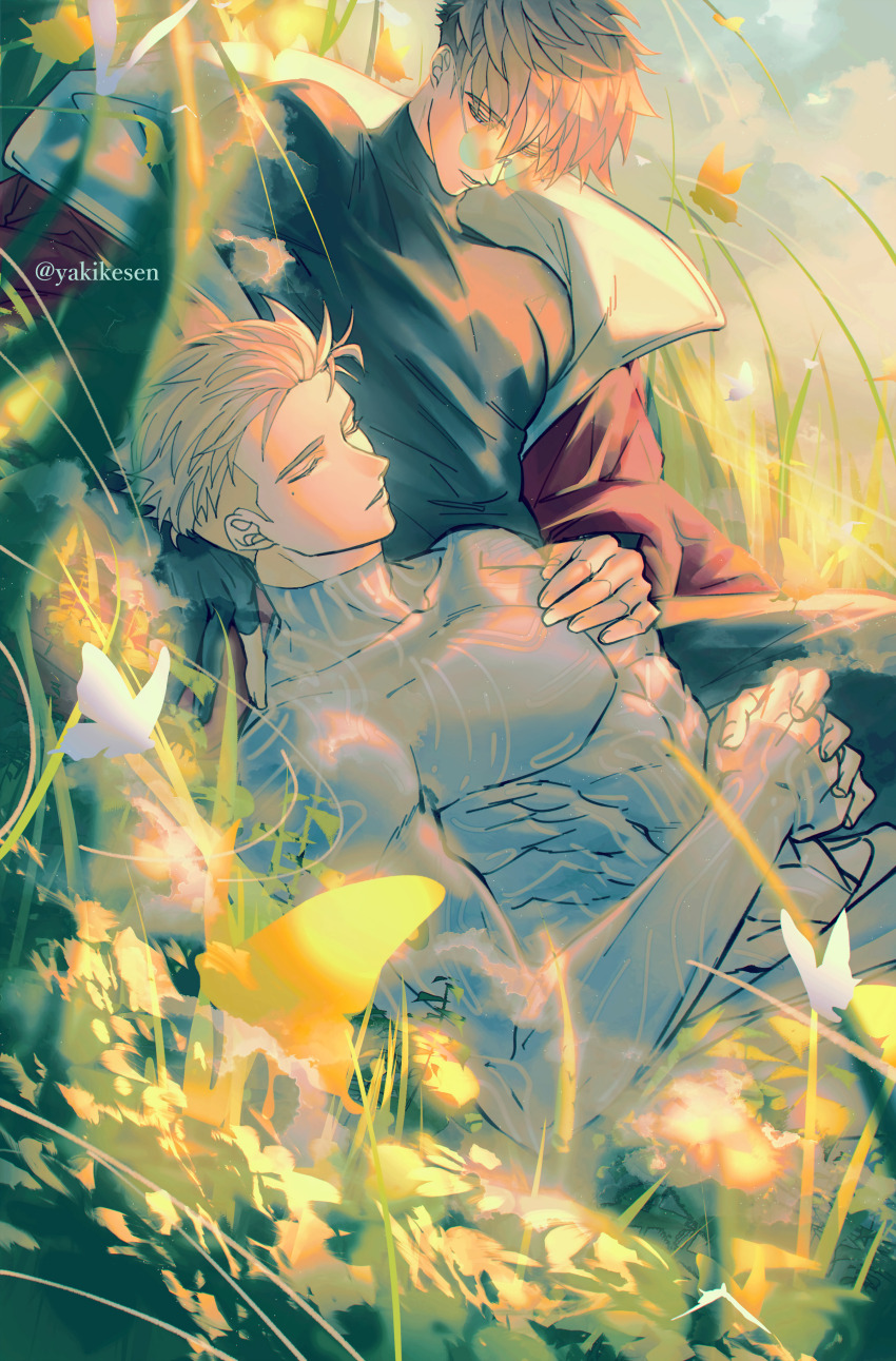 2boys absurdres black_shirt blonde_hair brothers bug butterfly closed_eyes hand_on_another&#039;s_shoulder highres incest insect long_sleeves lying male_focus millions_knives mole mole_under_eye multiple_boys on_back outdoors own_hands_clasped own_hands_together parted_lips pectorals shirt short_hair siblings trigun trigun_stampede turtleneck turtleneck_shirt vash_the_stampede yakikesen yaoi