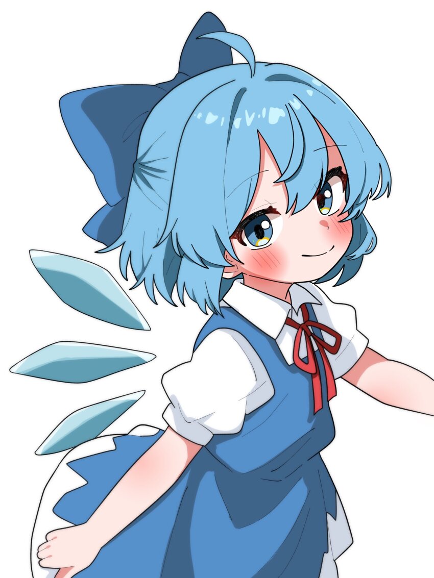1girl blue_bow blue_dress blue_eyes blue_hair blush bow cirno closed_mouth dress hair_bow haru_maron highres looking_at_viewer neck_ribbon pinafore_dress red_ribbon ribbon shirt short_sleeves simple_background sleeveless sleeveless_dress solo touhou upper_body white_background white_shirt wings