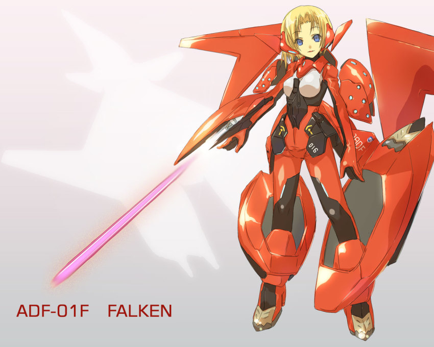 1girl ace_combat adf-01_falken airborne_laser aircraft airplane arm_cannon blonde_hair blue_eyes bodysuit breasts cannon character_name directed-energy_weapon energy energy_beam energy_cannon energy_sword energy_weapon fighter_jet high_heels laser laser_cannon laser_weapon military military_vehicle personification pink_laser roadksa sword tactical_laser_system weapon
