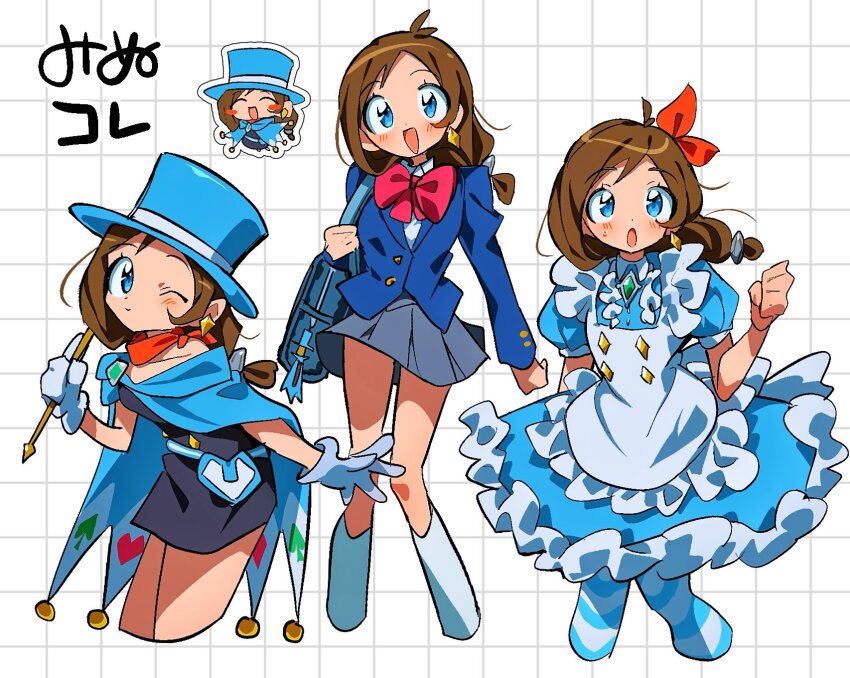1girl :d ^_^ ace_attorney antenna_hair apron arm_at_side bag belt_pouch blazer blue_cape blue_dress blue_eyes blue_gloves blue_jacket blue_socks blush_stickers bow bowtie brown_hair buttons c: cape checkered_background chibi chibi_inset closed_eyes club_(shape) collarbone collared_dress collared_shirt cropped_legs diamond_(shape) diamond_button diamond_earrings diamond_print dress earrings flipped_sidelocks frilled_apron frilled_dress frills gloves green_brooch grey_skirt grgrton hair_flaps hair_over_shoulder hair_ribbon hat heart heart_pouch heart_print highres jacket jewelry long_hair long_sleeves looking_at_viewer low-tied_long_hair low_ponytail medium_dress miniskirt official_alternate_costume one_eye_closed open_mouth phoenix_wright:_ace_attorney_-_spirit_of_justice ponytail pouch print_cape puffy_short_sleeves puffy_sleeves red_bow red_bowtie red_ribbon red_scarf ribbon scarf school_bag school_uniform shirt short_dress short_sleeves single_earring single_sidelock skirt smile socks spade_(shape) strapless strapless_dress striped_clothes striped_socks sweatdrop swept_bangs top_hat trucy_wright two-tone_socks white_apron white_background white_socks