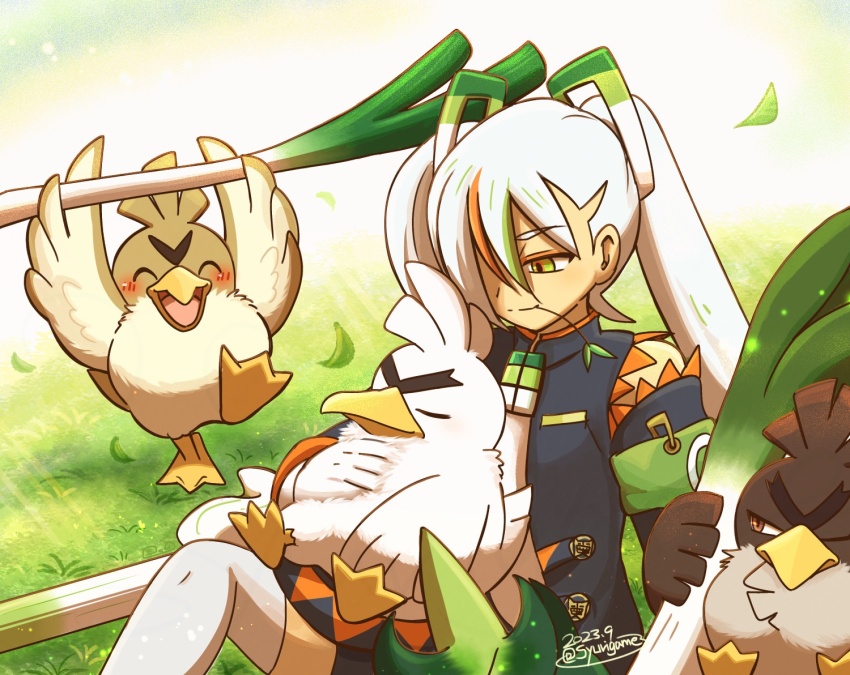 1girl 2023 ^_^ animal animal_on_lap armband bird bird_on_lap blush closed_eyes closed_mouth dated duck evolutionary_line farfetch&#039;d fighting_miku_(project_voltage) galarian_farfetch&#039;d galarian_form gen_1_pokemon gen_8_pokemon gloves grass green_armband green_eyes hair_over_one_eye hatsune_miku light_green_hair long_hair multicolored_eyes multicolored_hair nintendo on_lap orange_eyes orange_hair paperclip petting pokemon pokemon_(creature) pokemon_on_lap project_voltage shuri_(syurigame) sirfetch&#039;d sitting smile solo split_mouth spring_onion thighhighs twintails twitter_username vocaloid white_gloves white_hair white_thighhighs zettai_ryouiki