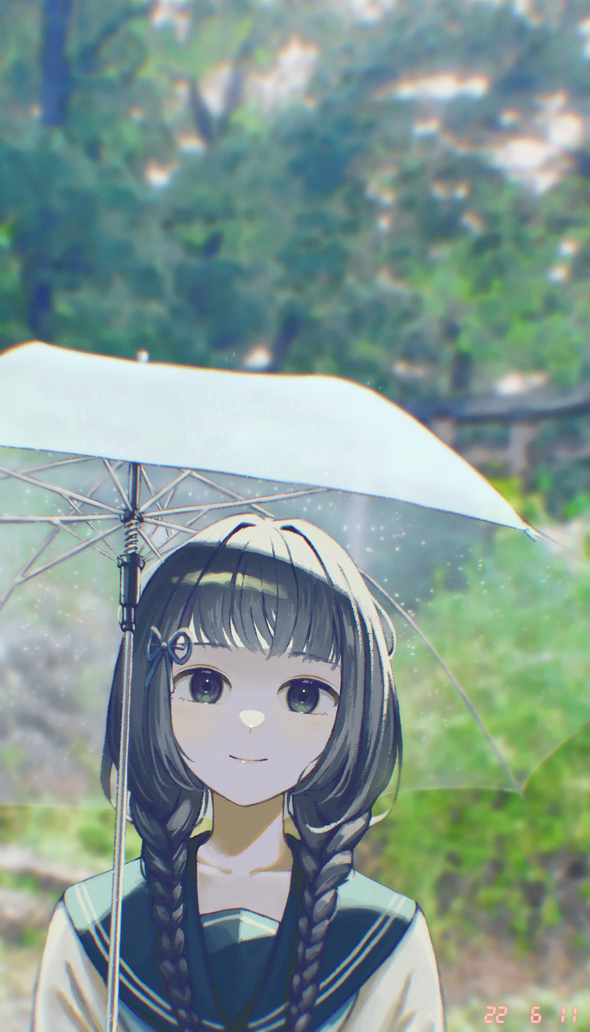1girl absurdres amemori_sayo black_eyes black_hair black_sailor_collar blue_neckerchief blue_ribbon blunt_bangs blurry blurry_background braid collarbone commentary_request dated foliage hair_ribbon head_tilt highres holding holding_umbrella long_hair looking_at_viewer low_twin_braids neckerchief neru_kaeru nijisanji outdoors photo_background portrait ribbon sailor_collar school_uniform segment_display serafuku shirt smile solo transparent transparent_umbrella tree twin_braids umbrella virtual_youtuber white_shirt