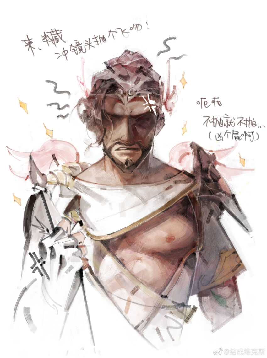 1boy absurdres ancient_greek_clothes angel_wings annoyed bara beard brown_hair chinese_text cropped_torso cupid_hanzo facial_hair greco-roman_clothes hanzo_(overwatch) highres large_pectorals male_focus mature_male nipples official_alternate_costume overwatch overwatch_2 pectorals shaded_face shizhen36 short_hair solo sparkle sparkling_aura tiara translation_request valentine wings