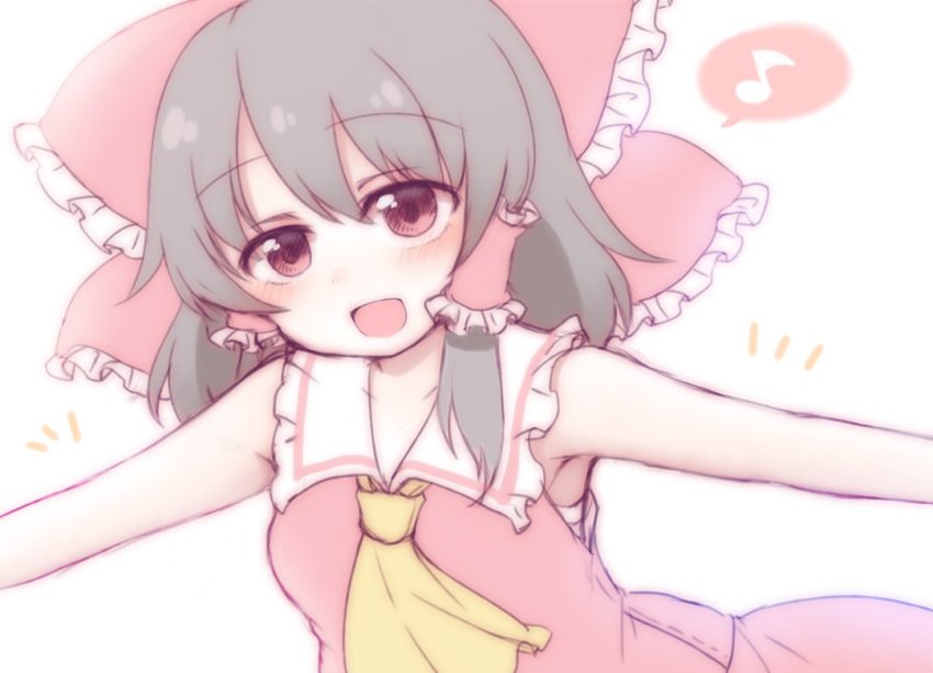 1girl armpits bare_arms bow brown_hair collar collared_shirt commentary_request female_focus frilled_collar frills hair_bow hair_tubes hakurei_reimu limited_palette looking_at_viewer musical_note one-hour_drawing_challenge open_mouth outstretched_arms red_bow red_hair red_shirt red_skirt sarashi shiohachi shirt skirt sleeveless sleeveless_shirt solo spoken_musical_note spread_arms touhou upper_body white_background yellow_neckwear