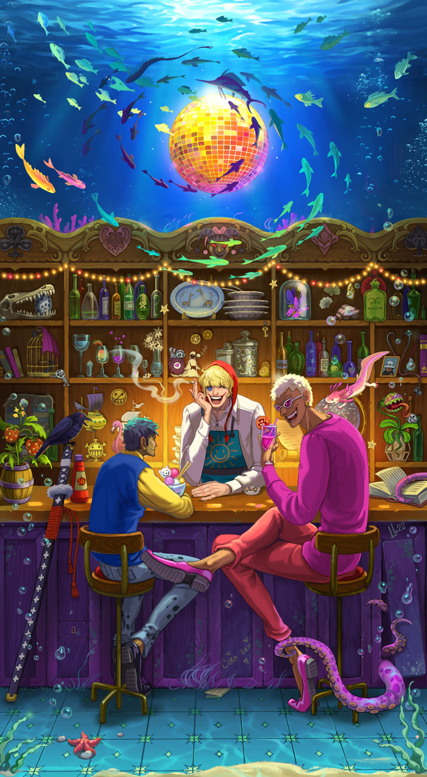3boys algae apron ashtray axolotl bar_(place) barrel birdcage black_hair blonde_hair blue_vest book bottle brothers bubble bug butterfly cage cigarette closed_eyes closed_mouth cocktail_glass collared_shirt crossed_legs cup den_den_mushi denim disco_ball donquixote_doflamingo donquixote_rocinante drinking_glass earrings food fruit highres holding holding_cigarette ice_cream_cup insect jeans jewelry lemon lemon_slice li-louie looking_at_another makeup male_focus multiple_boys ocean one_piece open_mouth pants photo_(object) pink_shirt plate print_apron red_pants shirt short_hair siblings sitting skull smile smiley_face starfish sunglasses sword teeth tentacles trafalgar_law tropical_fish underwater vase vest weapon white_shirt wine_glass yellow_shirt