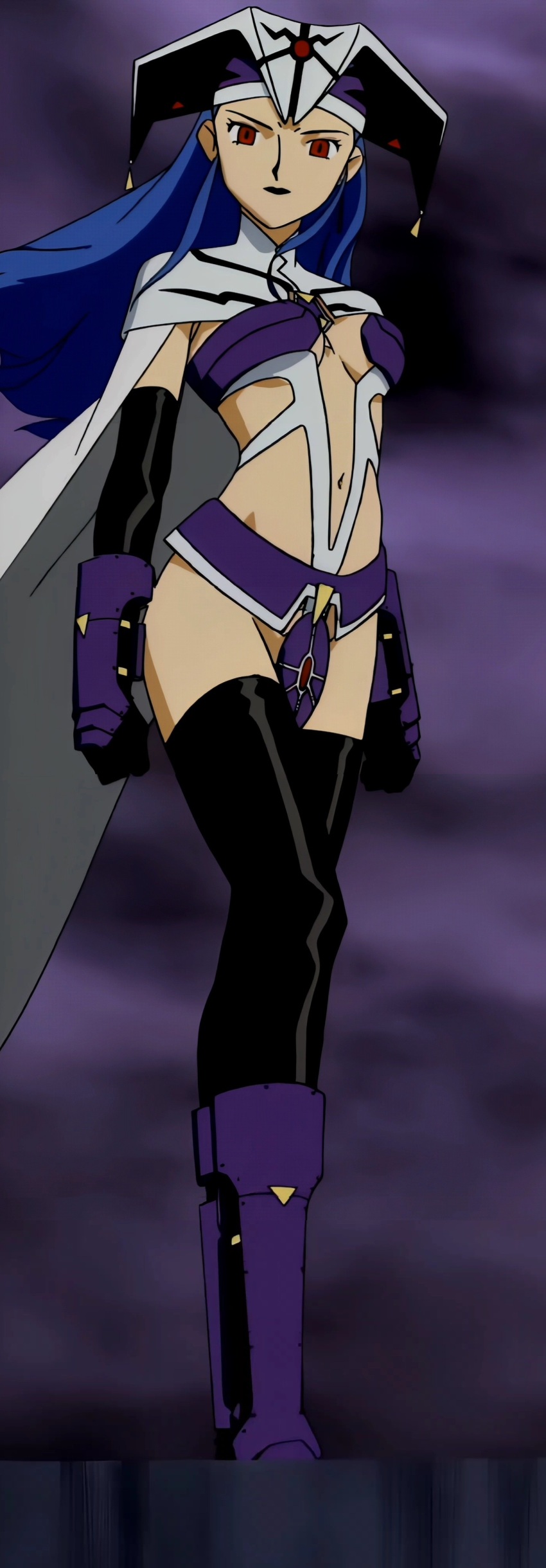 absurdres althena armor bikini_armor black_lips black_thighhighs blue_hair boots breasts cape dark_sky evil_eyes gloves highres long_legs luna_noah lunar lunar:_the_silver_star navel official_art red_eyes skimpy_clothing thighhighs
